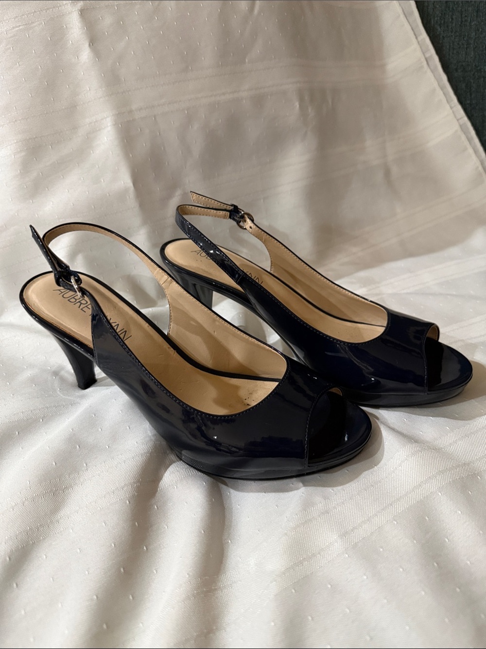 Patent Peep-Toe Slingback Heels in Navy Patent